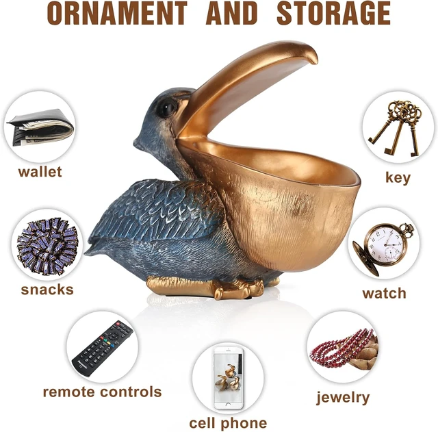 Alt view image 4 of 7 - Pelican Key Holder Statues,Fun Animal Hippo Candy Dish,Candy Dish for Office Desk Unique,Modern Key Holder for Pelican Figurine,Suitability Desk candy bowl and Entry Table Decor Items(Gold1)
