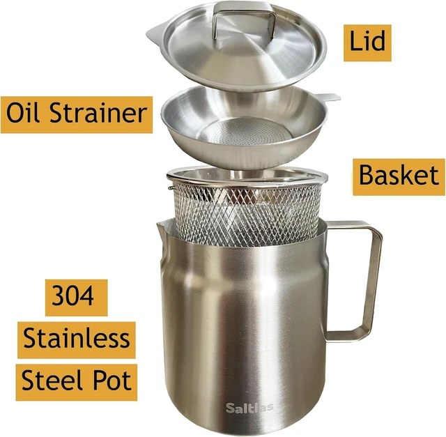 Alt view image 2 of 6 - 304 Stainless Steel Deep Fryer Pot with Basket and Oil Strainer, Double Bottom for Even Heating, Bacon Grease Container for Kitchen and Camping, Japanese Tempura Fryer, 2L (2Qt/68oz)