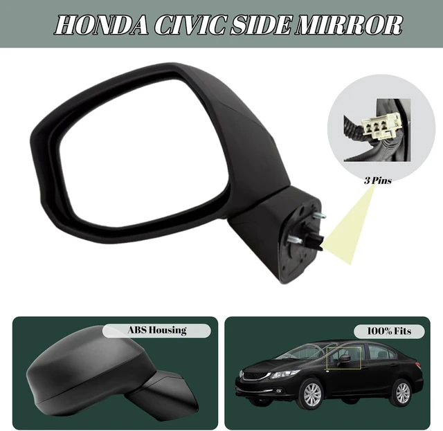 Alt view image 2 of 6 - Left Driver Side Mirror Compatiable With 2012-2015 Honda Civic Power Adjustable, 3-Pin (Black) Replaces #76252TR0A01