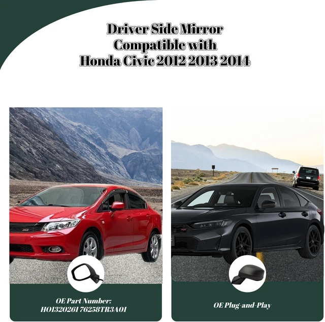 Alt view image 5 of 6 - Left Driver Side Mirror Compatiable With 2012-2015 Honda Civic Power Adjustable, 3-Pin (Black) Replaces #76252TR0A01