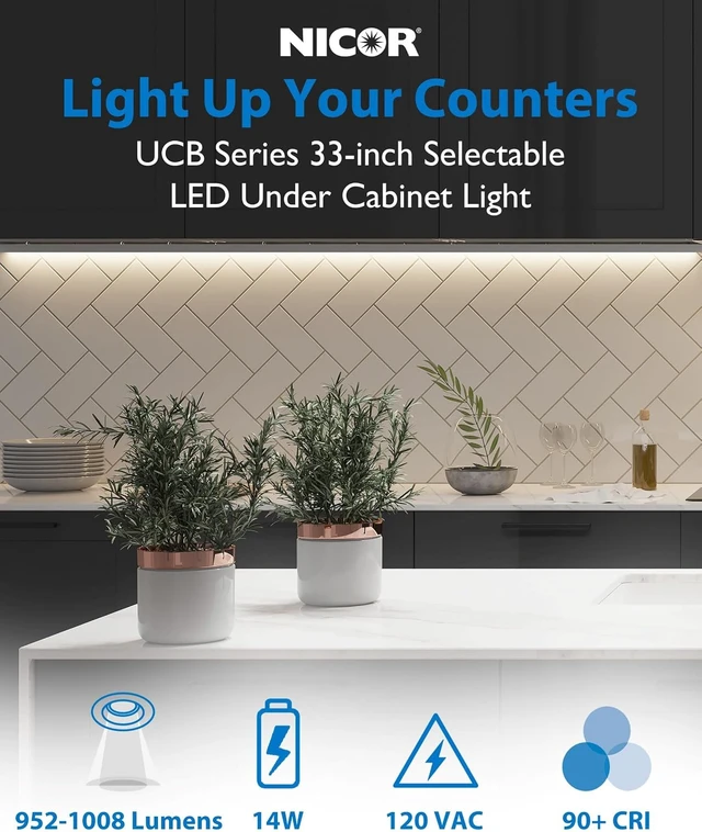 Alt view image 2 of 7 - 33 LED Direct Wire Under Cabinet Light - Undercounter LED Lights for Kitchen - Selectable CCT 2700K-5000K, 952-1008 Lumens, 14W - UCB Series Hardwired Under Cabinet Lighting by Lighting