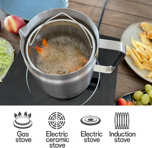 Alt view image 6 of 6 - 304 Stainless Steel Deep Fryer Pot with Basket and Oil Strainer, Double Bottom for Even Heating, Bacon Grease Container for Kitchen and Camping, Japanese Tempura Fryer, 2L (2Qt/68oz)