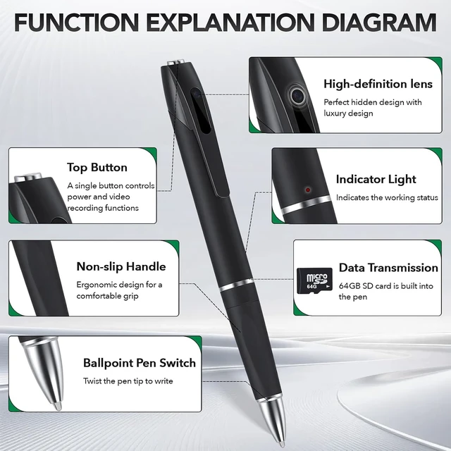 Alt view image 5 of 7 - 1080P Full HD Hidden Camera Pen, Mini Body Camera for Home & Nanny Use, Long Battery Life, Easy One-Button Operation (2026 Upgrade)