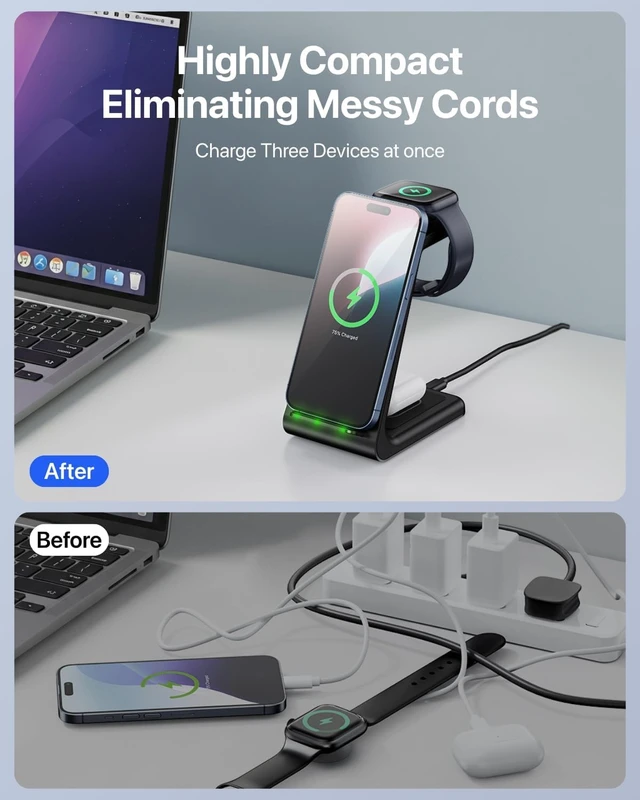 Alt view image 4 of 7 - 3 in 1 Wireless Charging Station for iPhone and Watch,Fast Wireless Charger Stand,Compact Desk Charging Dock for iPhone17 16 15 14 13/Pro/Max, iWatch11 10 9 Ultra/SE 3/3,AirPods