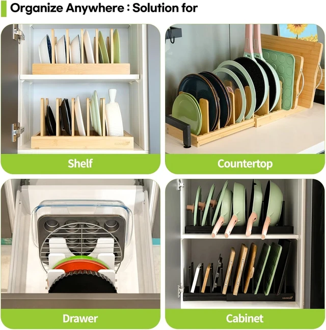 Alt view image 4 of 7 - Pots and Pans Organizer under Cabinet Expandable Bamboo Pot Lid Holder Rack