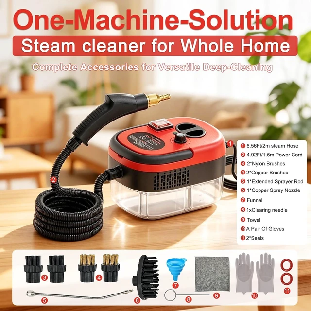 Alt view image 2 of 4 - Steam Cleaner, Portable Pressurized Steamer for Cleaning with 14pcs Accessories, 6-Level Adjustable and 15s Heat-Up, Handheld Steam Cleaner for Home, Tile, Dirt, Grout, Grease, Car Detailing(Red)