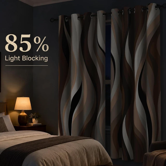 Alt view image 3 of 7 - Brown Abstract Blackout Curtain, Stripe Black White Gray Aesthetic Art Window Curtains Living Room Bedroom Decor Darkening Window Drapes Treatments, 2 Panels 52x84 Inch