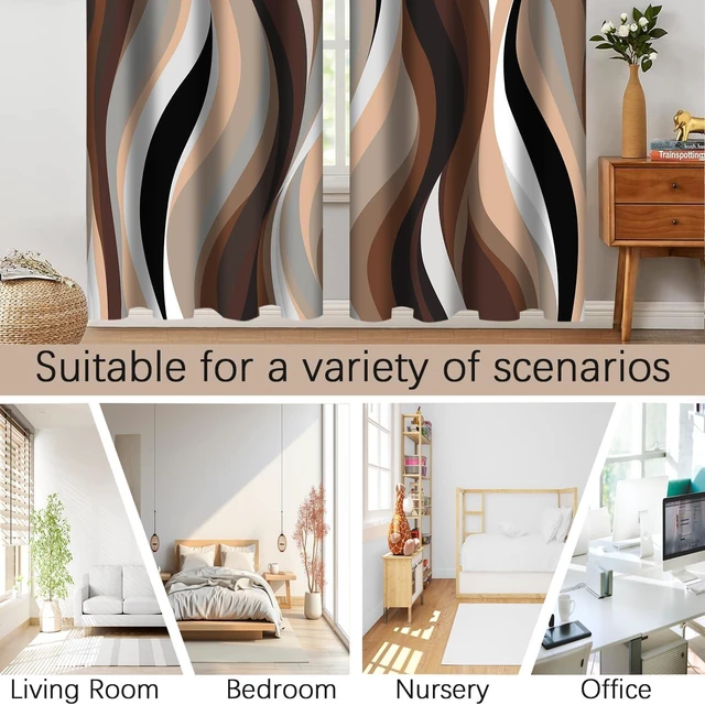 Alt view image 6 of 7 - Brown Abstract Blackout Curtain, Stripe Black White Gray Aesthetic Art Window Curtains Living Room Bedroom Decor Darkening Window Drapes Treatments, 2 Panels 52x84 Inch