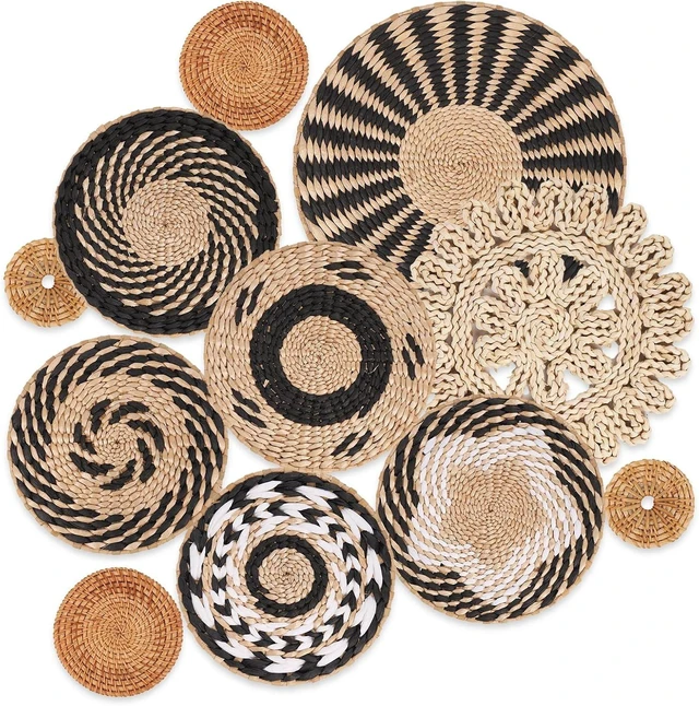 Main image of Boho Wall Basket Decor Set of 11 - Hanging Woven Bulrush Basket Wall Decor, Handcrafted Round Flat Baskets Wall Art, for Rustic FarmhouseHome - Unique Rattan Wicker Wall DecorBlack Retro