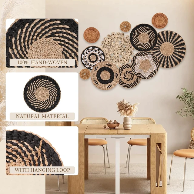 Alt view image 3 of 6 - Boho Wall Basket Decor Set of 11 - Hanging Woven Bulrush Basket Wall Decor, Handcrafted Round Flat Baskets Wall Art, for Rustic FarmhouseHome - Unique Rattan Wicker Wall DecorBlack Retro