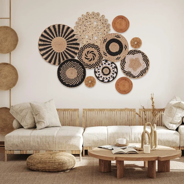 Alt view image 4 of 6 - Boho Wall Basket Decor Set of 11 - Hanging Woven Bulrush Basket Wall Decor, Handcrafted Round Flat Baskets Wall Art, for Rustic FarmhouseHome - Unique Rattan Wicker Wall DecorBlack Retro