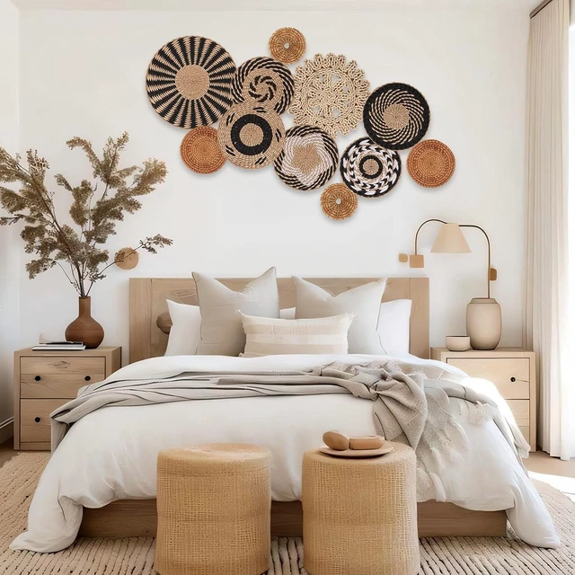 Alt view image 6 of 6 - Boho Wall Basket Decor Set of 11 - Hanging Woven Bulrush Basket Wall Decor, Handcrafted Round Flat Baskets Wall Art, for Rustic FarmhouseHome - Unique Rattan Wicker Wall DecorBlack Retro