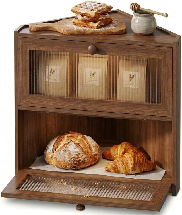 Main image of Brown Corner Bread Box,2 Tier Bamboo Bread Box for Kitchen Countertop