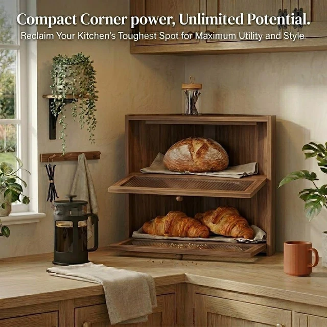 Alt view image 2 of 7 - Brown Corner Bread Box,2 Tier Bamboo Bread Box for Kitchen Countertop