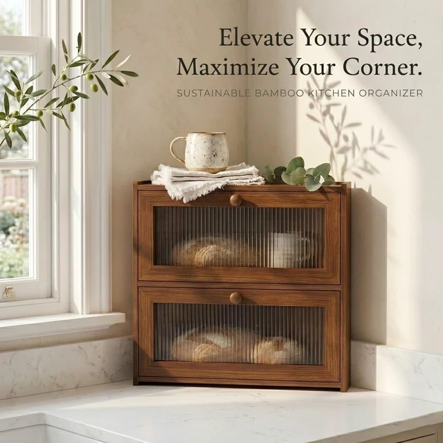 Alt view image 4 of 7 - Brown Corner Bread Box,2 Tier Bamboo Bread Box for Kitchen Countertop