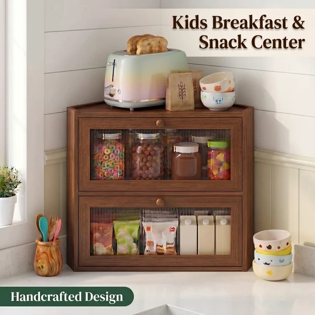 Alt view image 5 of 7 - Brown Corner Bread Box,2 Tier Bamboo Bread Box for Kitchen Countertop