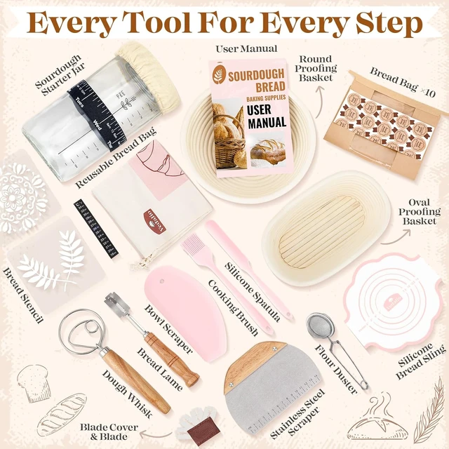 Alt view image 7 of 7 - Sourdough Starter Kit Complete Set with Tools, Proofing Baskets, Jars