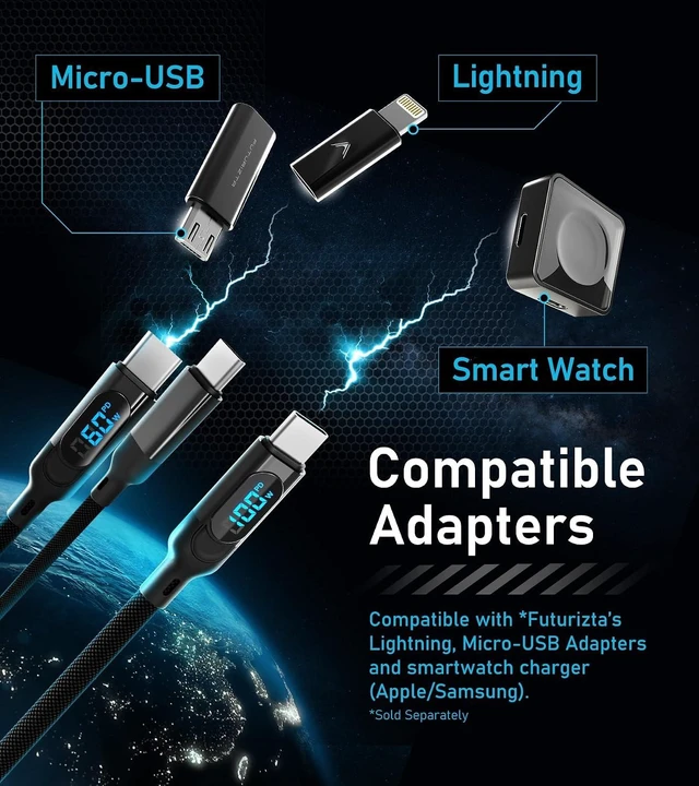 Alt view image 5 of 5 - ® Hydra 3in1 Triple USBC 100W PD FastCharge Cable with Smart Triboost® & LED Watt Display Charge Laptop, Phone & Tablet Simultaneously