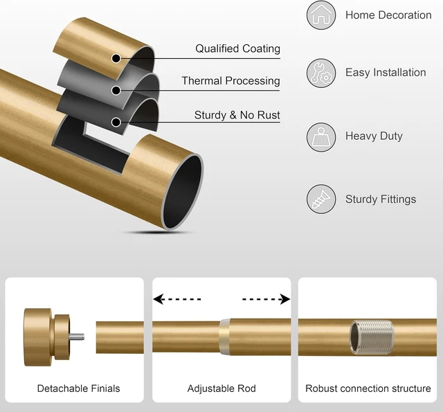 Alt view image 6 of 7 - Modern Gold Curtain Rods set of 2 for Windows 48 to 84 Inches Adjustable Length 1" Diameter Heavy Duty Curtain Rod with Farmhouse Decorative Finials for Outdoor Bedroom Kitchen Living Room