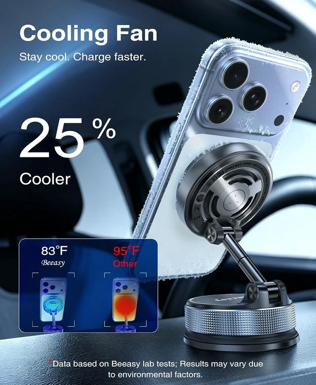 Alt view image 3 of 7 - 25W Qi2.2 MagSafe Car Mount Charger Built-in Cooling Fan, Upgraded Vacuum Suction Cup 360° Rotation, Magnetic Wireless Car Charger with 63W Adapter for iPhone 17 16 Pro Max S26 Ultra