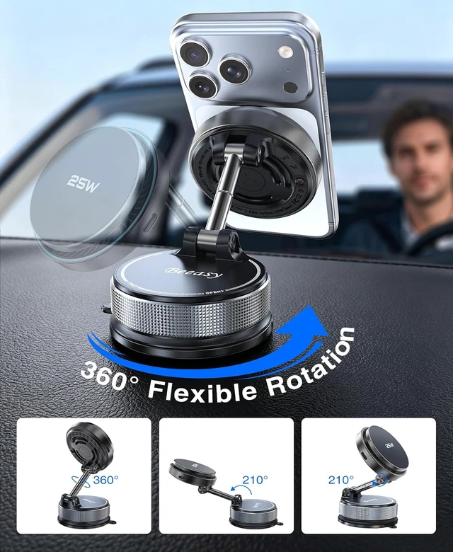 Alt view image 4 of 7 - 25W Qi2.2 MagSafe Car Mount Charger Built-in Cooling Fan, Upgraded Vacuum Suction Cup 360° Rotation, Magnetic Wireless Car Charger with 63W Adapter for iPhone 17 16 Pro Max S26 Ultra