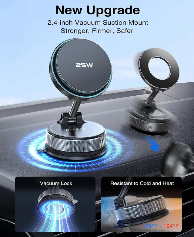 Alt view image 5 of 7 - 25W Qi2.2 MagSafe Car Mount Charger Built-in Cooling Fan, Upgraded Vacuum Suction Cup 360° Rotation, Magnetic Wireless Car Charger with 63W Adapter for iPhone 17 16 Pro Max S26 Ultra