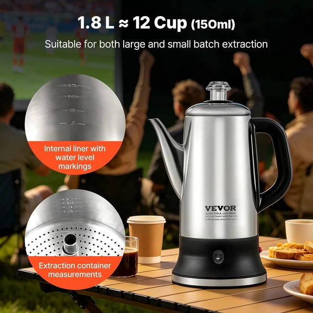 Alt view image 2 of 7 - 12-Cup Electric Percolator Coffee Pot, 304 Stainless Steel Body Coffee Percolator with Keep Warm Function & Heat-Resistant Handle, Classic Coffee Maker, Quick Brew & Easy-Pour Spout, Silver