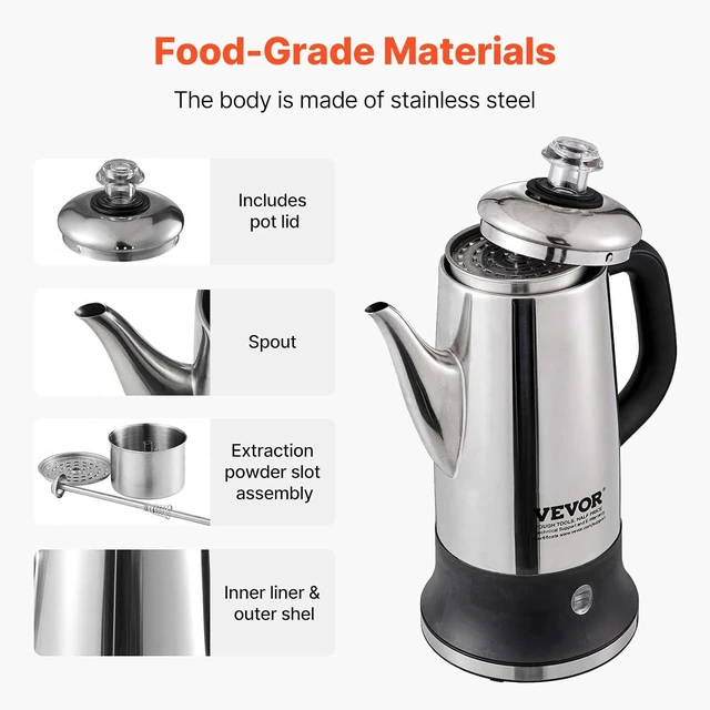 Alt view image 5 of 7 - 12-Cup Electric Percolator Coffee Pot, 304 Stainless Steel Body Coffee Percolator with Keep Warm Function & Heat-Resistant Handle, Classic Coffee Maker, Quick Brew & Easy-Pour Spout, Silver