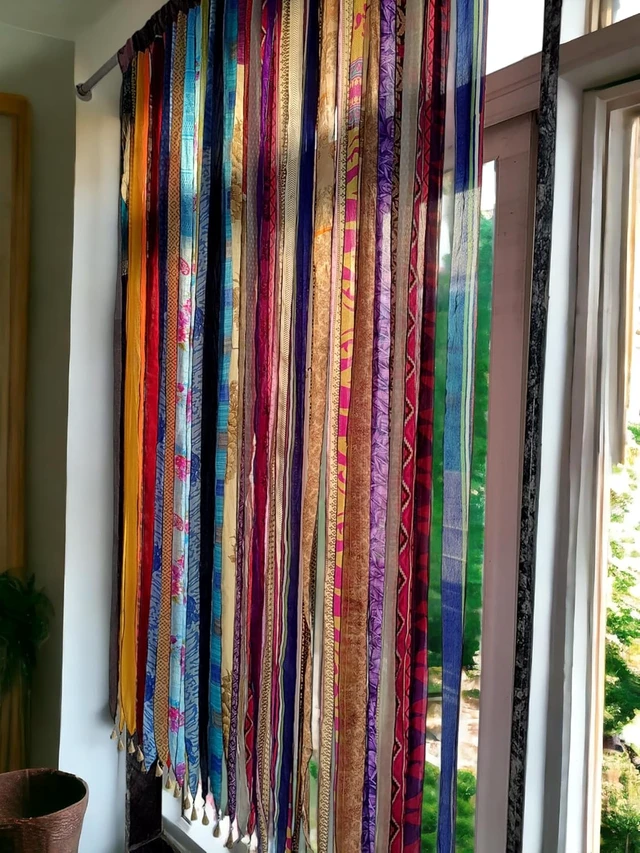 Alt view image 6 of 7 - Vintage Silk Sari Curtain Bohemian Multicolor Room Divider, Light Filtering Window Curtain with Rod Pocket, Handmade Boho Doorway Drape for Living Room & Bedroom, 85 x 45 Inch