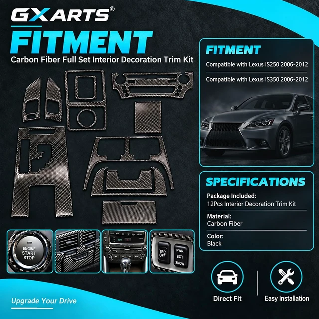 Alt view image 2 of 7 - 12Pcs Carbon Fiber Full Set Interior Decoration Trim Kit Compatible with Lexus IS250 Black 2006 2007 2008 2009 2010 2011 2012