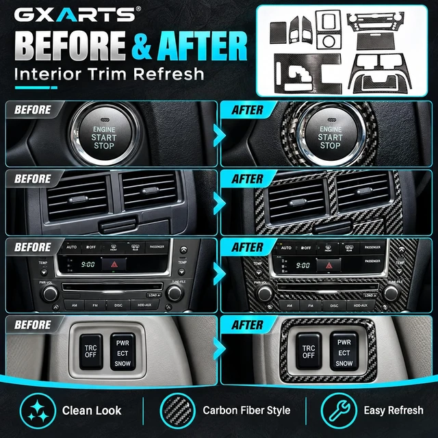 Alt view image 4 of 7 - 12Pcs Carbon Fiber Full Set Interior Decoration Trim Kit Compatible with Lexus IS250 Black 2006 2007 2008 2009 2010 2011 2012