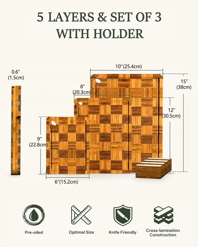 Alt view image 4 of 7 - Checkered Cutting Board Set, 3 Pack Cutting Boards with Holder for Kitchen