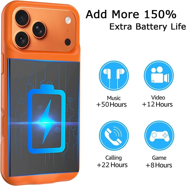 Alt view image 3 of 7 - Battery Case for iPhone 17 Pro, 10000mAh Pack Rechargeable Charger Case Support Carplay with Wireless Charging Compatible for iPhone 17 Pro (6.3 inch) External Battery Charging Cover (Orange)