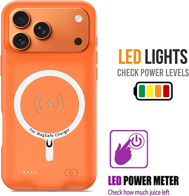 Alt view image 4 of 7 - Battery Case for iPhone 17 Pro, 10000mAh Pack Rechargeable Charger Case Support Carplay with Wireless Charging Compatible for iPhone 17 Pro (6.3 inch) External Battery Charging Cover (Orange)