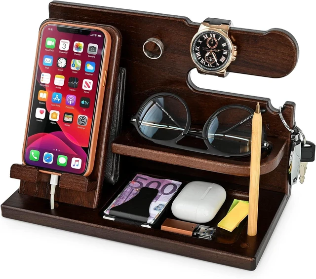 Main image of Wood Phone Docking Station for Men - Desk or Nightstand Organizer - Birthday Gifts for Husband, Dad - Anniversary Idea from Wife - Key Holder, Stand Wallet, Watch, Essentials (Chocolate Brown)
