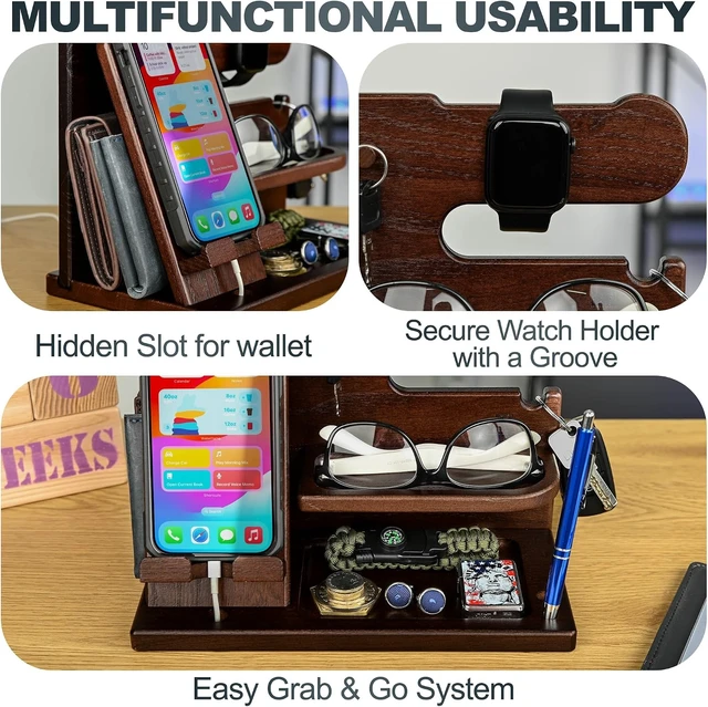 Alt view image 4 of 7 - Wood Phone Docking Station for Men - Desk or Nightstand Organizer - Birthday Gifts for Husband, Dad - Anniversary Idea from Wife - Key Holder, Stand Wallet, Watch, Essentials (Chocolate Brown)