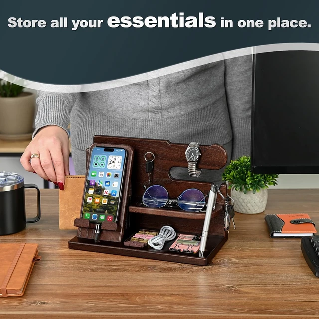 Alt view image 5 of 7 - Wood Phone Docking Station for Men - Desk or Nightstand Organizer - Birthday Gifts for Husband, Dad - Anniversary Idea from Wife - Key Holder, Stand Wallet, Watch, Essentials (Chocolate Brown)
