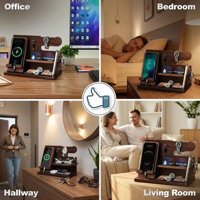 Alt view image 6 of 7 - Wood Phone Docking Station for Men - Desk or Nightstand Organizer - Birthday Gifts for Husband, Dad - Anniversary Idea from Wife - Key Holder, Stand Wallet, Watch, Essentials (Chocolate Brown)