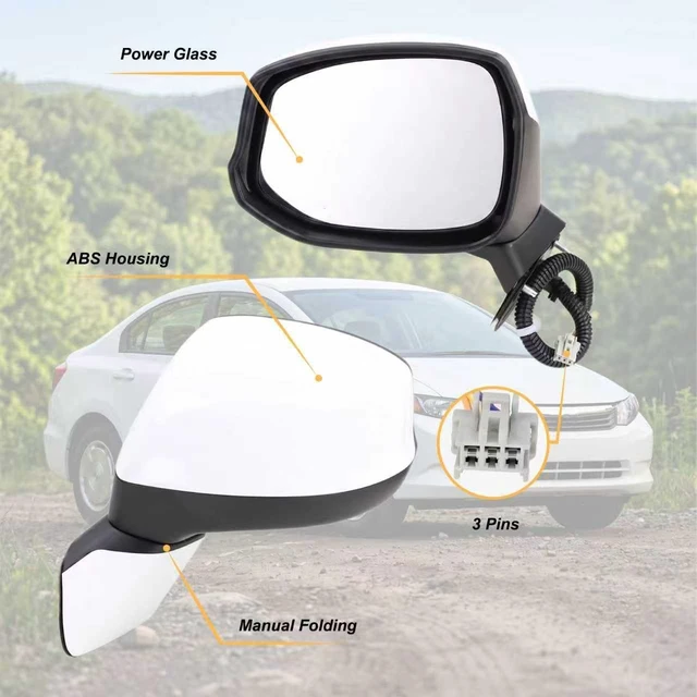Alt view image 2 of 6 - Left Driver Side Mirror Compatible With 2012 2013 2014 2015 Honda CIVIC With Manual Folding Power Glass Non-Heated Without Turn Signal White Replace#76252TR0A01(3Pins)