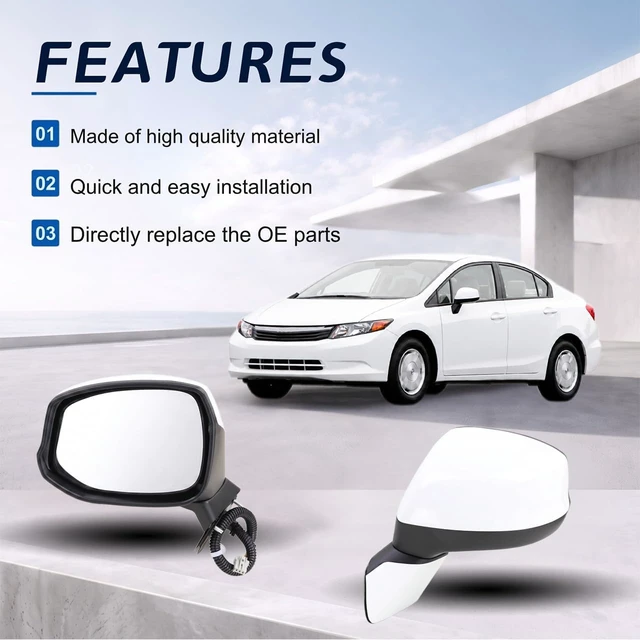 Alt view image 5 of 6 - Left Driver Side Mirror Compatible With 2012 2013 2014 2015 Honda CIVIC With Manual Folding Power Glass Non-Heated Without Turn Signal White Replace#76252TR0A01(3Pins)
