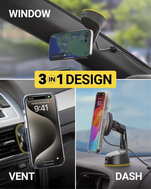 Alt view image 4 of 7 - Qi2 Wireless MagSafe Car Mount Charger, 15W Magnetic Suction Cup Windshield/Dashboard Cell Phone Holder with Vent Clip & Fast USB-C Car Charger Compatible with iPhone 16/15/14/13/12, S25
