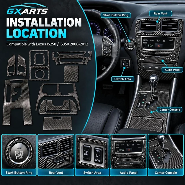 Alt view image 3 of 7 - 12Pcs Carbon Fiber Full Set Interior Decoration Trim Kit Compatible with Lexus IS250 Black 2006 2007 2008 2009 2010 2011 2012