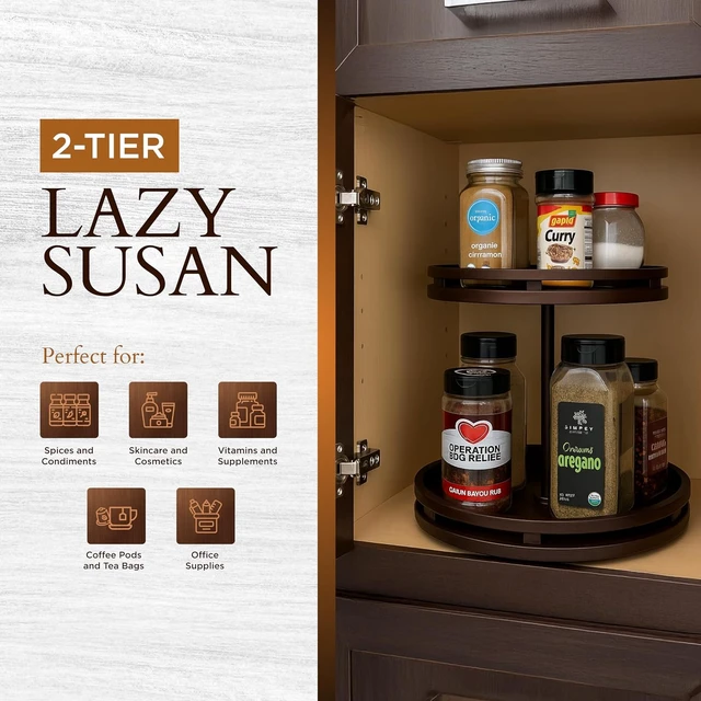 Alt view image 6 of 7 - 2 Tier Lazy Susan Organizer 12" Bamboo Rotating Spice Rack Organizers with Adjustable Height Turntable for Cabinet, Pantry, Medicine Cabinet, Kitchen, Spinning Bathroom Counter Top Organizers