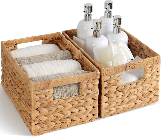 Alt view image 2 of 7 - Set of 2 Wicker Shelf Storage Baskets for Organizing - Natural Durable Water Hyacinth Woven Basket Pantry Bin Organizers for Shelves with Handles for Home & Decor Organization, 12.5 x 8 x 6.5