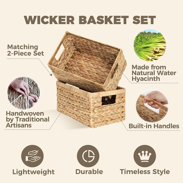 Alt view image 3 of 7 - Set of 2 Wicker Shelf Storage Baskets for Organizing - Natural Durable Water Hyacinth Woven Basket Pantry Bin Organizers for Shelves with Handles for Home & Decor Organization, 12.5 x 8 x 6.5
