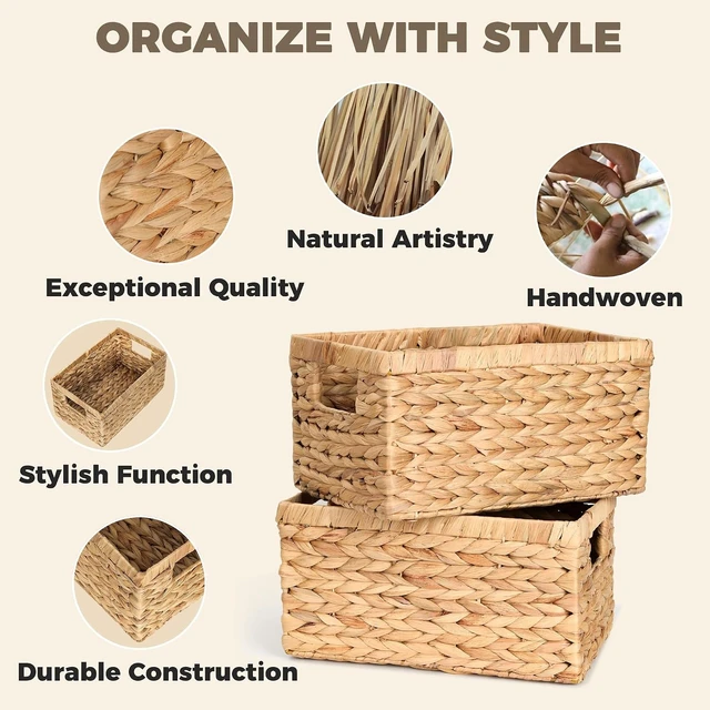 Alt view image 4 of 7 - Set of 2 Wicker Shelf Storage Baskets for Organizing - Natural Durable Water Hyacinth Woven Basket Pantry Bin Organizers for Shelves with Handles for Home & Decor Organization, 12.5 x 8 x 6.5