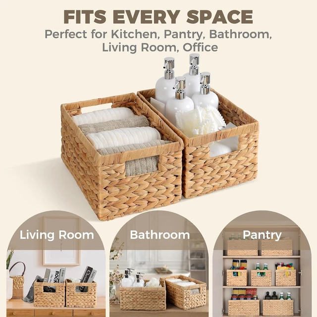 Alt view image 5 of 7 - Set of 2 Wicker Shelf Storage Baskets for Organizing - Natural Durable Water Hyacinth Woven Basket Pantry Bin Organizers for Shelves with Handles for Home & Decor Organization, 12.5 x 8 x 6.5