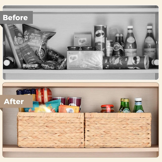 Alt view image 6 of 7 - Set of 2 Wicker Shelf Storage Baskets for Organizing - Natural Durable Water Hyacinth Woven Basket Pantry Bin Organizers for Shelves with Handles for Home & Decor Organization, 12.5 x 8 x 6.5