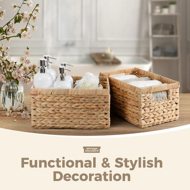 Alt view image 7 of 7 - Set of 2 Wicker Shelf Storage Baskets for Organizing - Natural Durable Water Hyacinth Woven Basket Pantry Bin Organizers for Shelves with Handles for Home & Decor Organization, 12.5 x 8 x 6.5