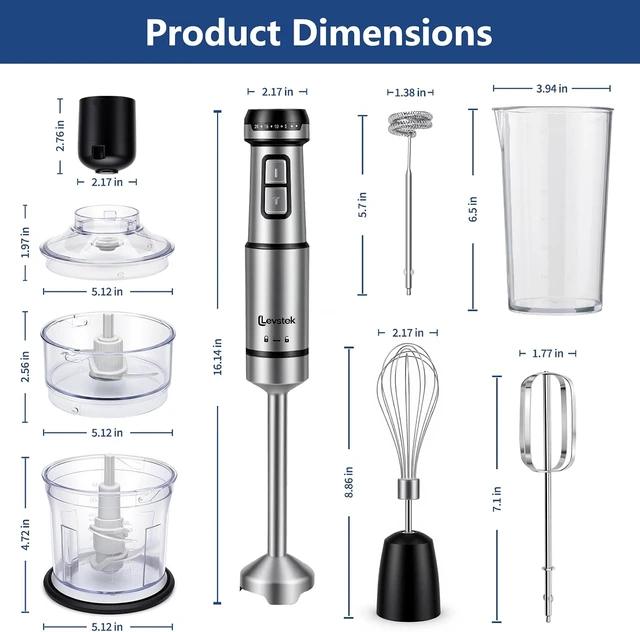 Alt view image 3 of 7 - Immersion Hand Blender Set, 1200W 20-Speed Stainless Steel Stick Blender with 7 Accessories, 500ml & 200ml Chopper Cups, Milk Frother, Egg Beater, for Smoothies, Soups Kitchen Essential